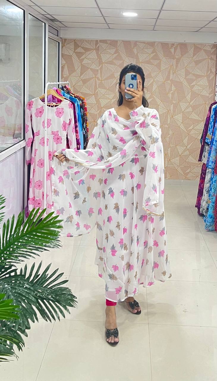Awesome Fancy Trendy Flower Printed Georgette Anarkali Gown Set With Dupatta