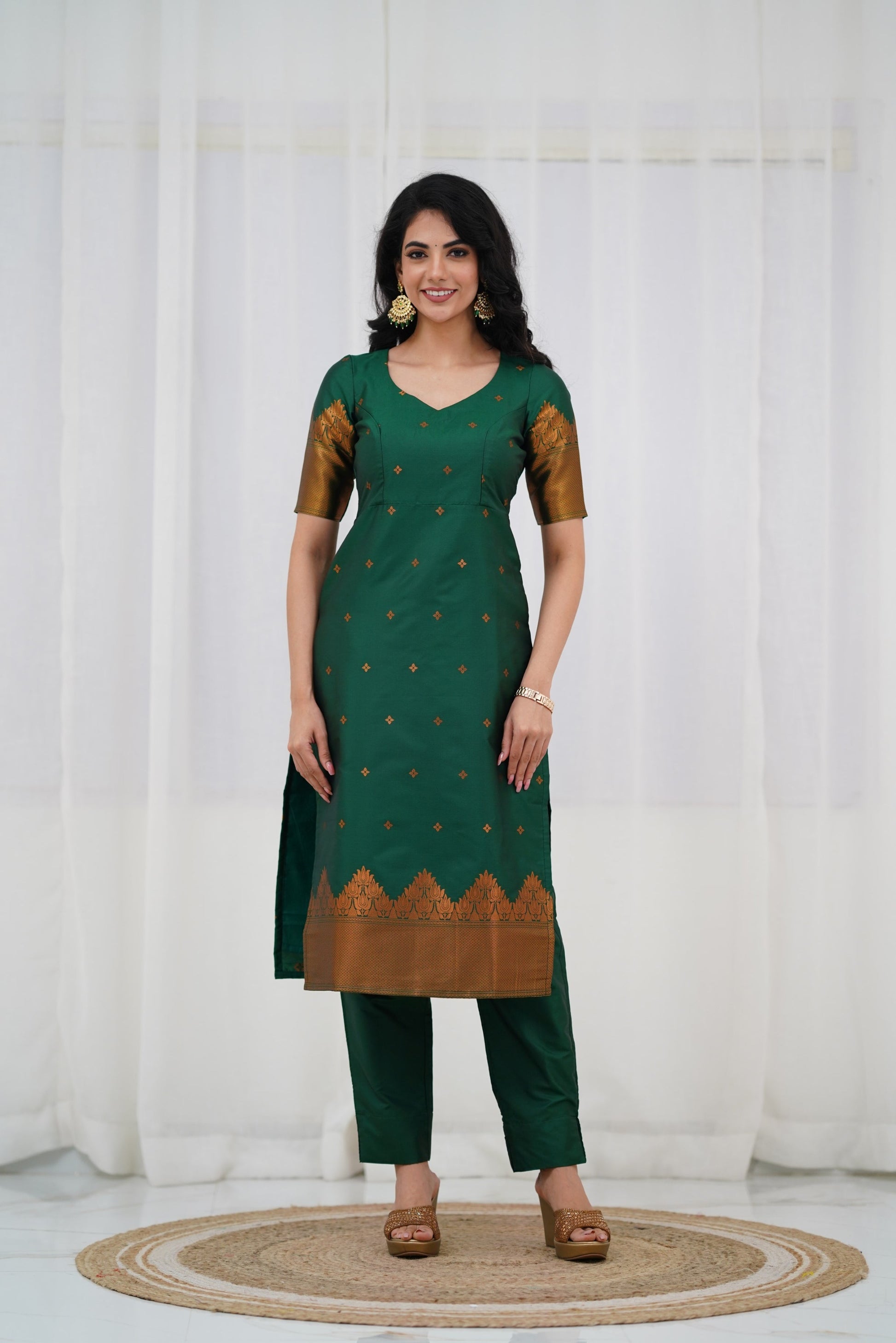 Bottle Green Straight Fit Kurta Pant Set in Blended Silk with Intricate Golden Zari Detailing