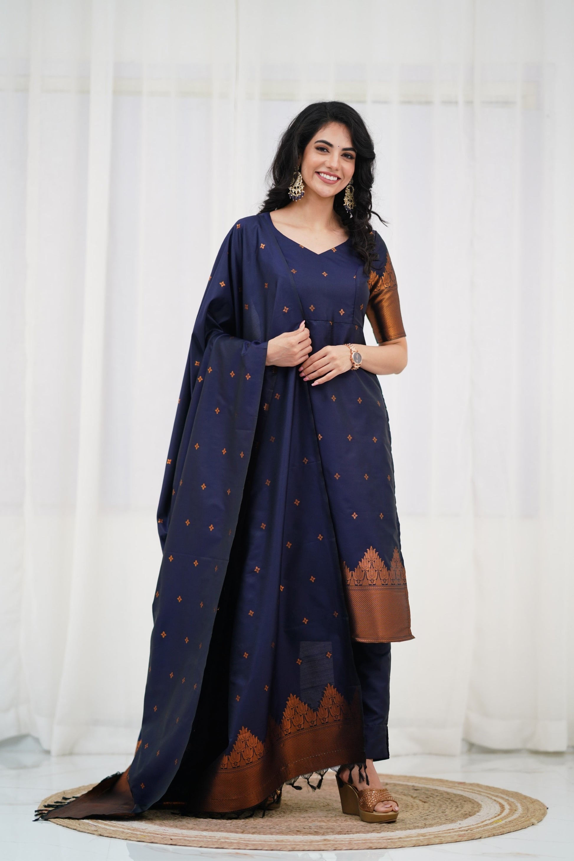 Navy Blue Straight Cut Kurta Pant Set with Golden Zari Detailing & Matching Dupatta