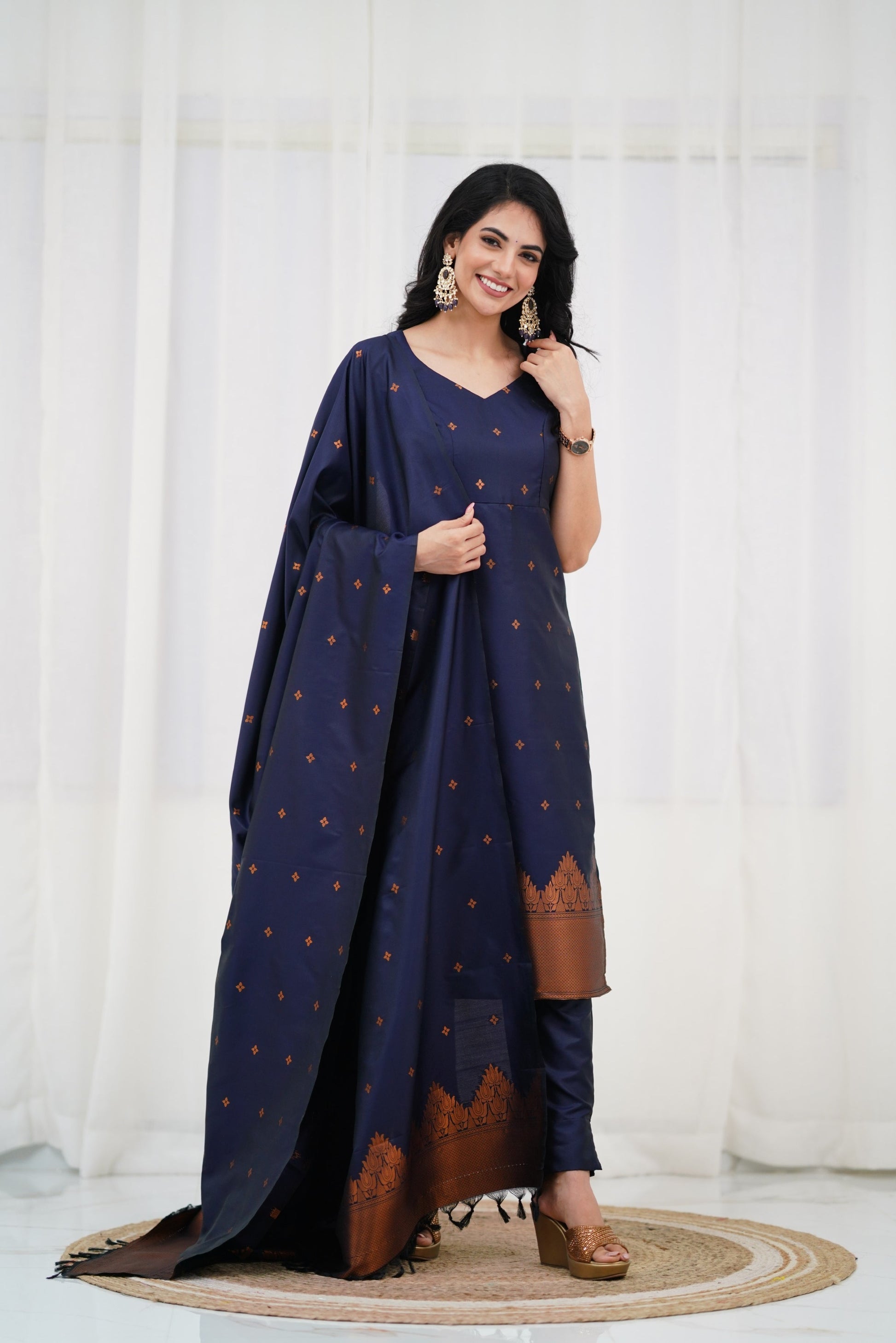 Navy Blue Straight Cut Kurta Pant Set with Golden Zari Detailing & Matching Dupatta