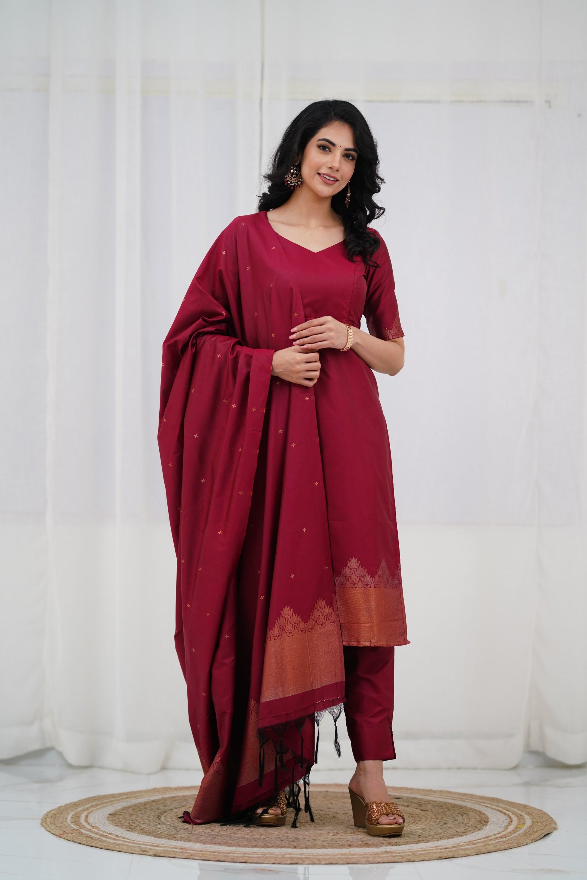 Graceful Pink Straight Cut Kurti Pant Set with Golden Zari Detailing & Matching Dupatta