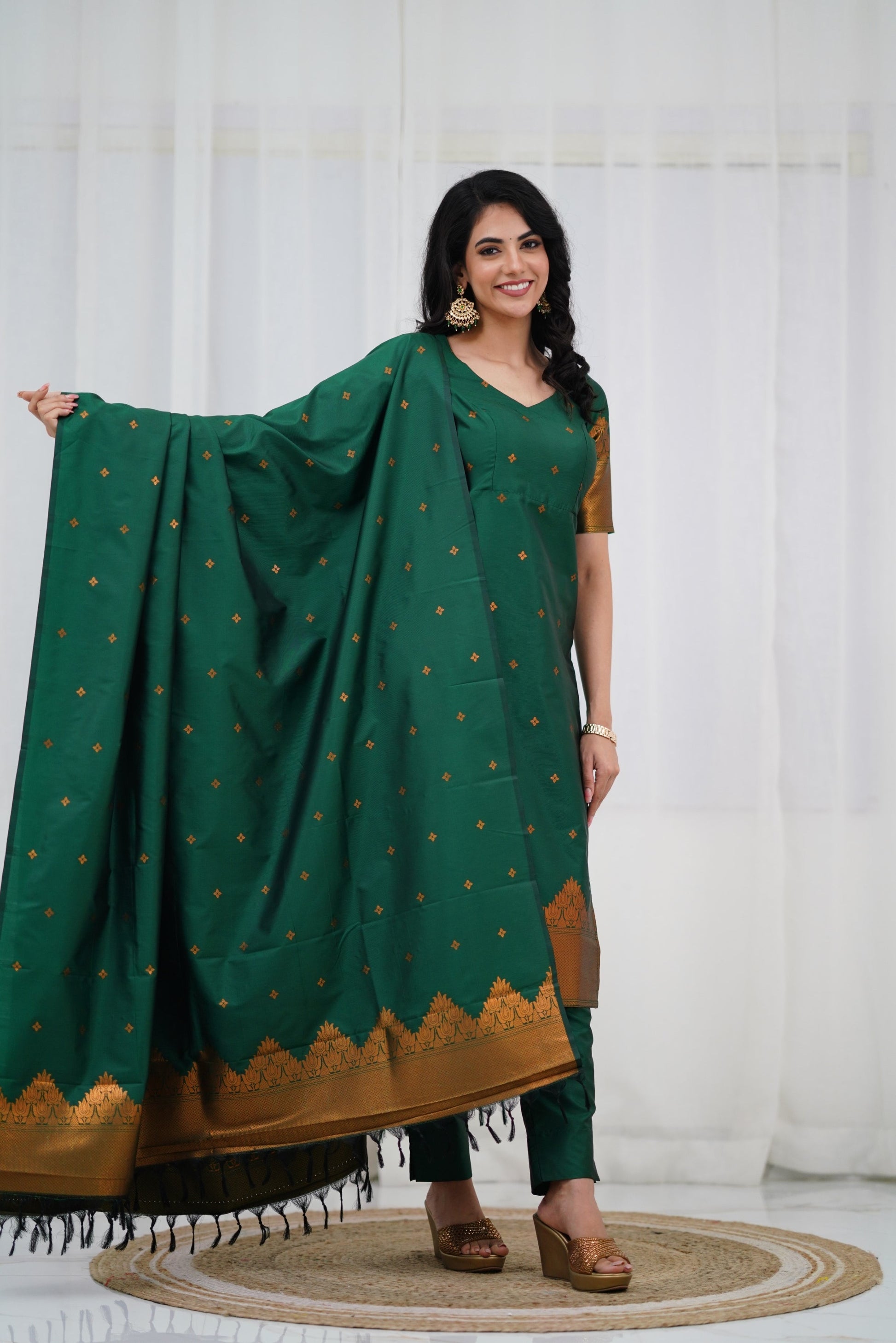 Bottle Green Straight Fit Kurta Pant Set in Blended Silk with Intricate Golden Zari Detailing