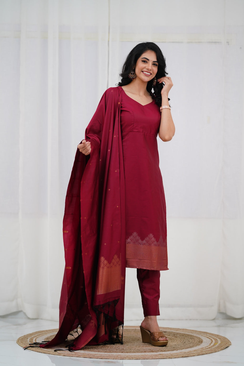 Graceful Pink Straight Cut Kurti Pant Set with Golden Zari Detailing & Matching Dupatta