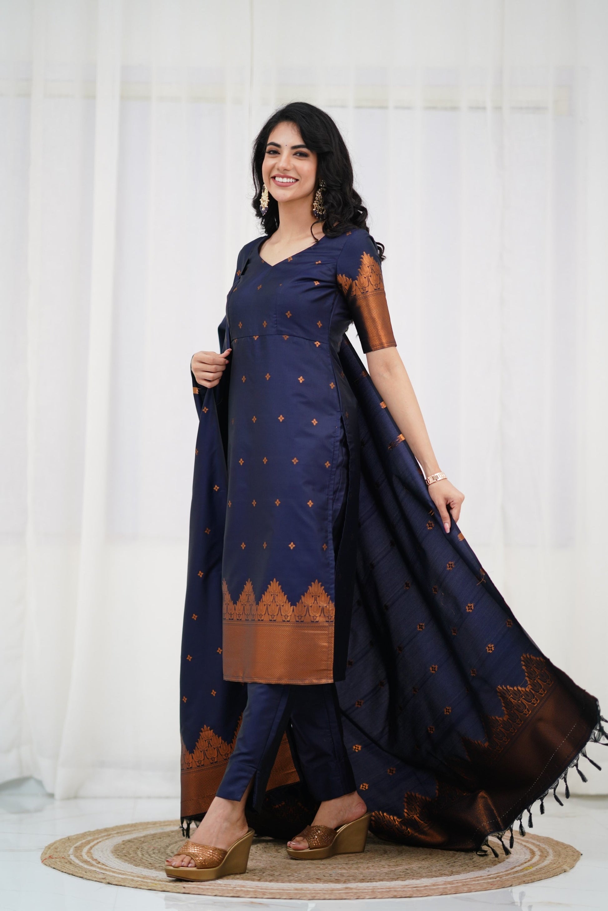 Navy Blue Straight Cut Kurta Pant Set with Golden Zari Detailing & Matching Dupatta