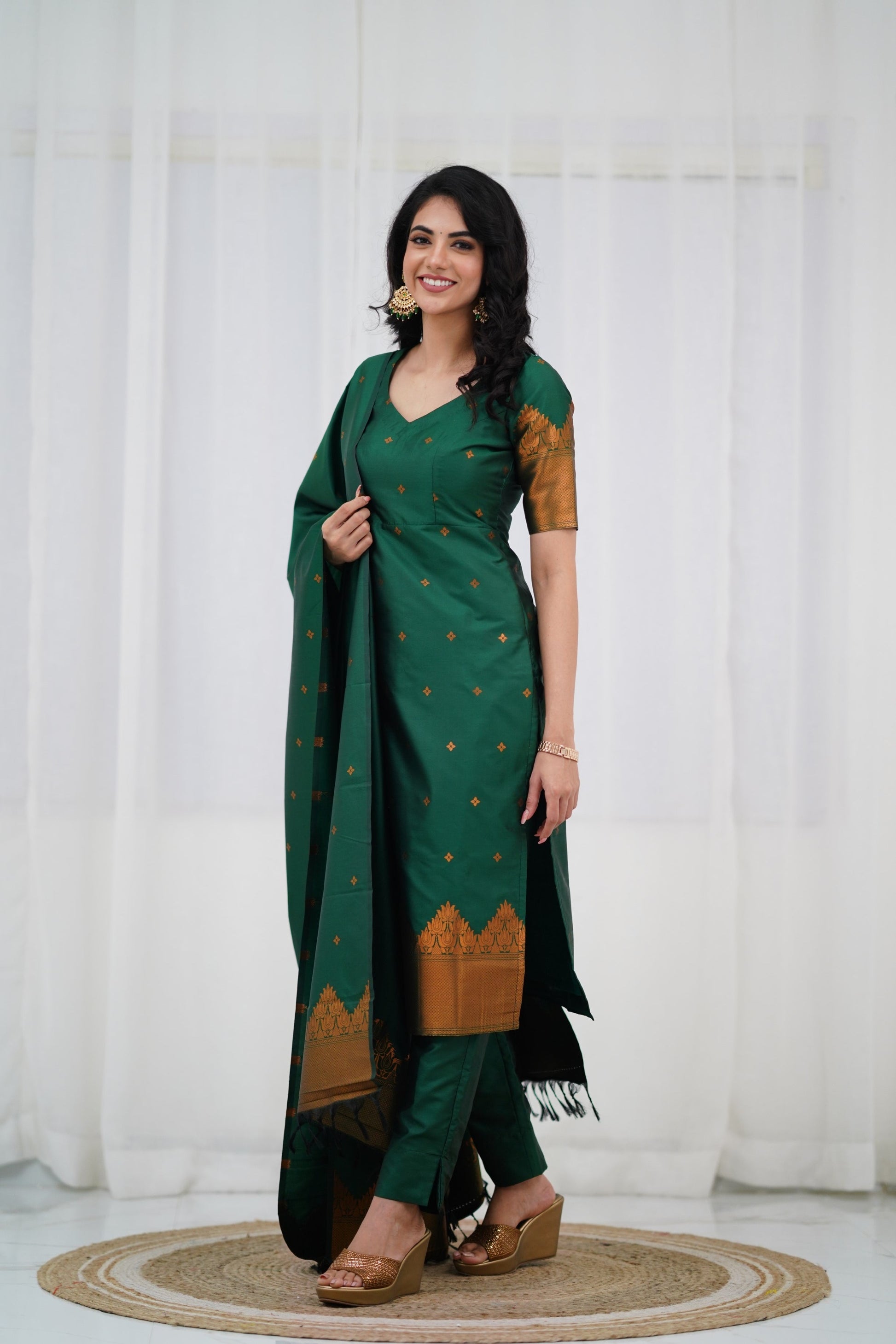 Bottle Green Straight Fit Kurta Pant Set in Blended Silk with Intricate Golden Zari Detailing