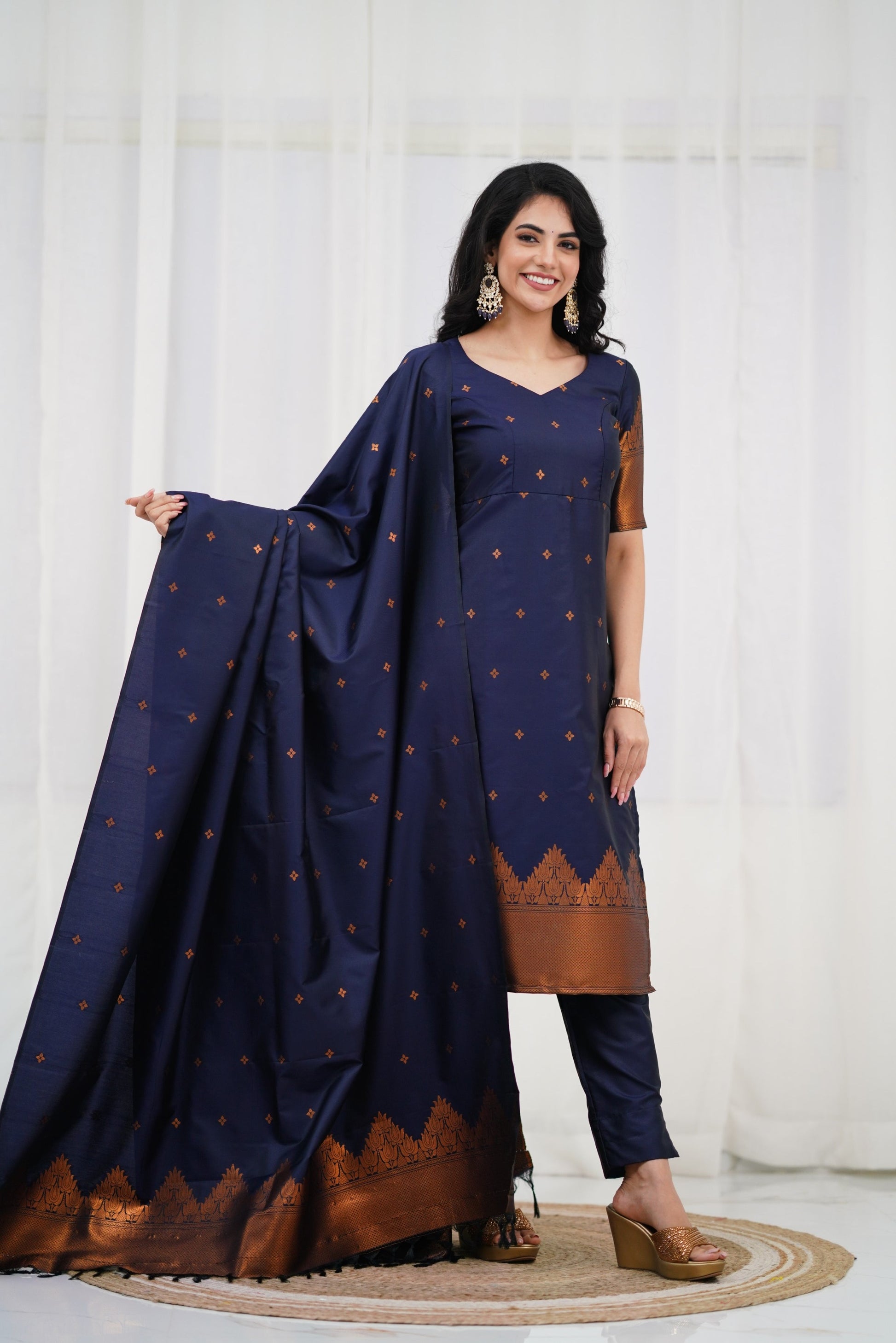 Navy Blue Straight Cut Kurta Pant Set with Golden Zari Detailing & Matching Dupatta