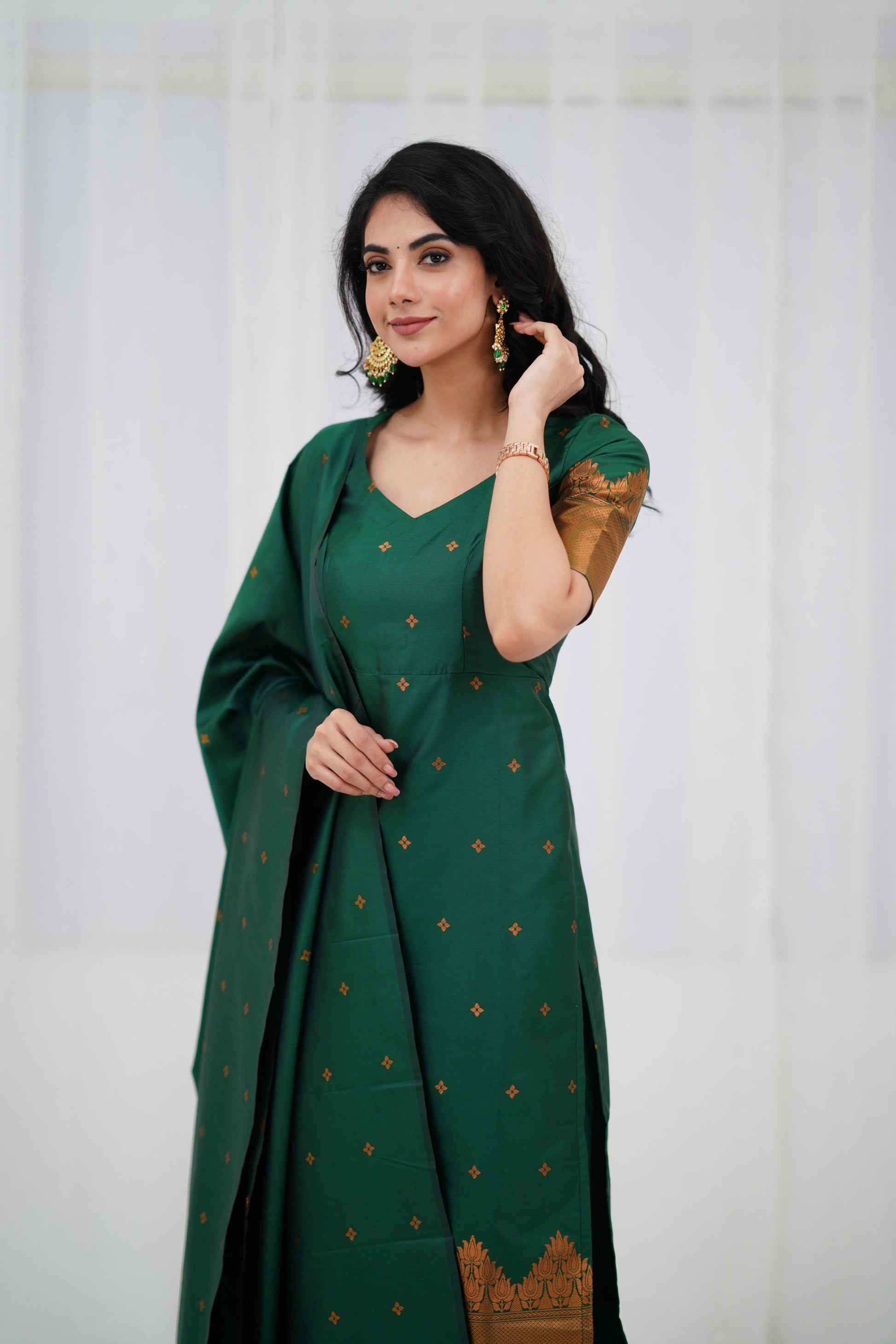 Bottle Green Straight Fit Kurta Pant Set in Blended Silk with Intricate Golden Zari Detailing