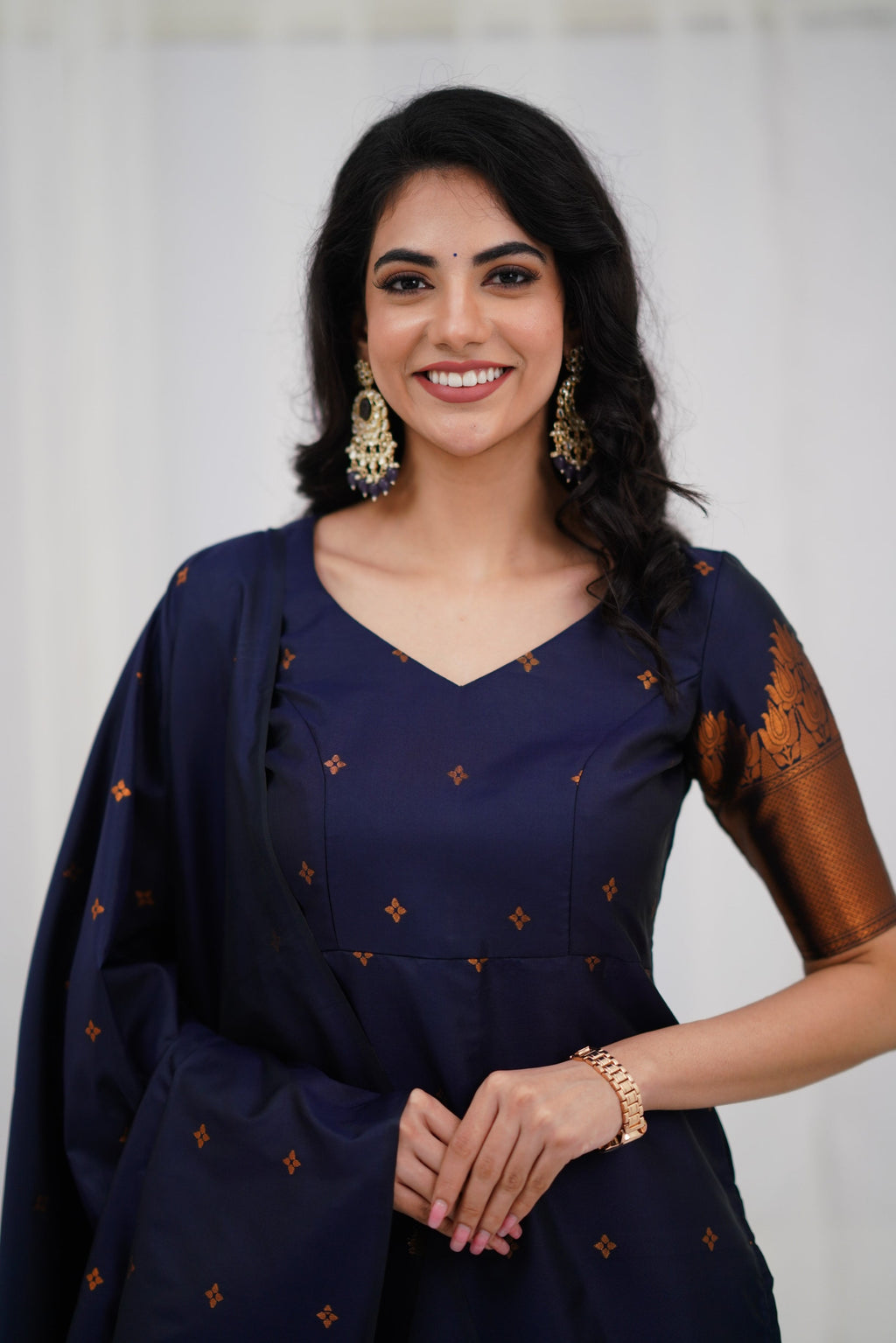 Navy Blue Straight Cut Kurta Pant Set with Golden Zari Detailing & Matching Dupatta