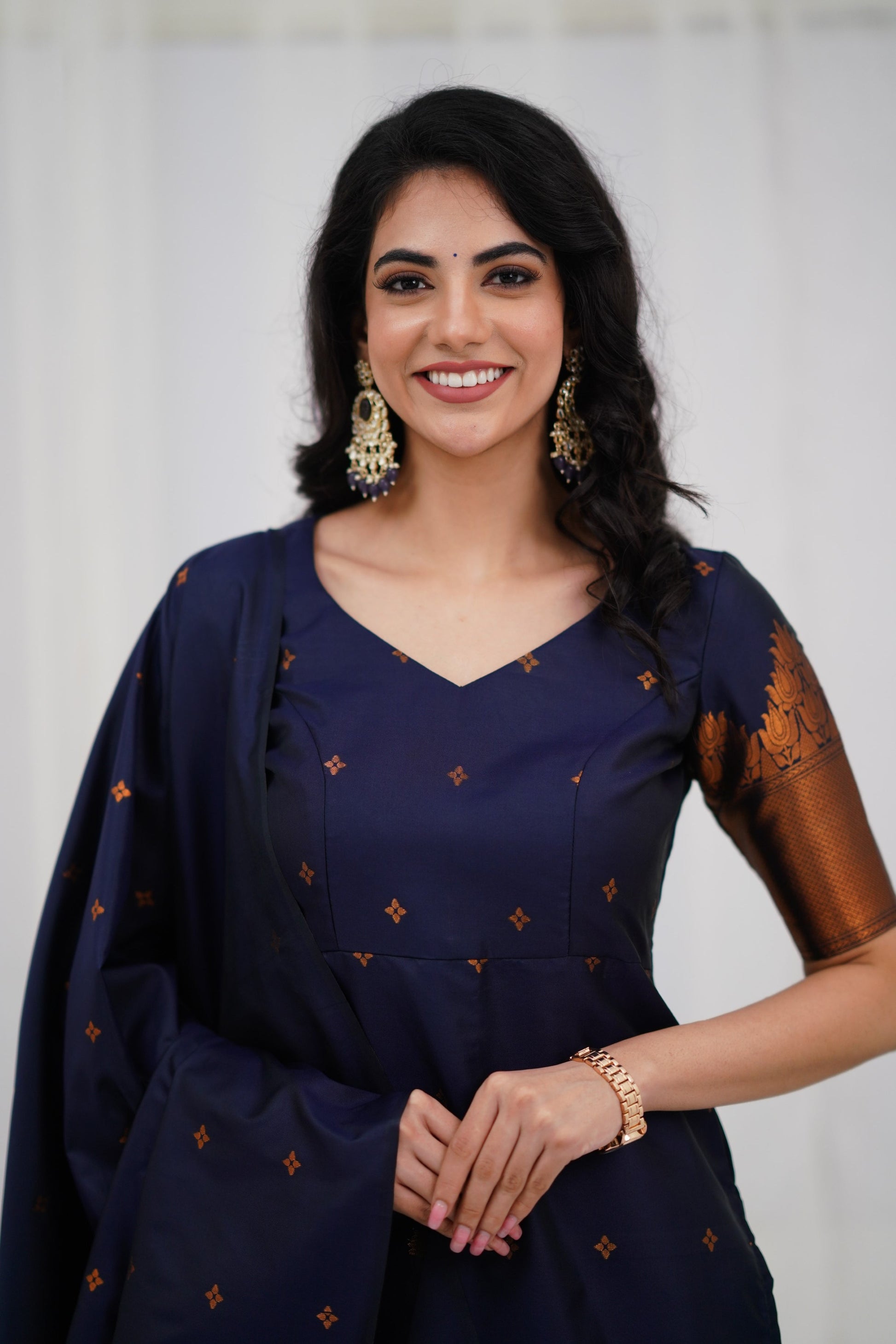 Navy Blue Straight Cut Kurta Pant Set with Golden Zari Detailing & Matching Dupatta