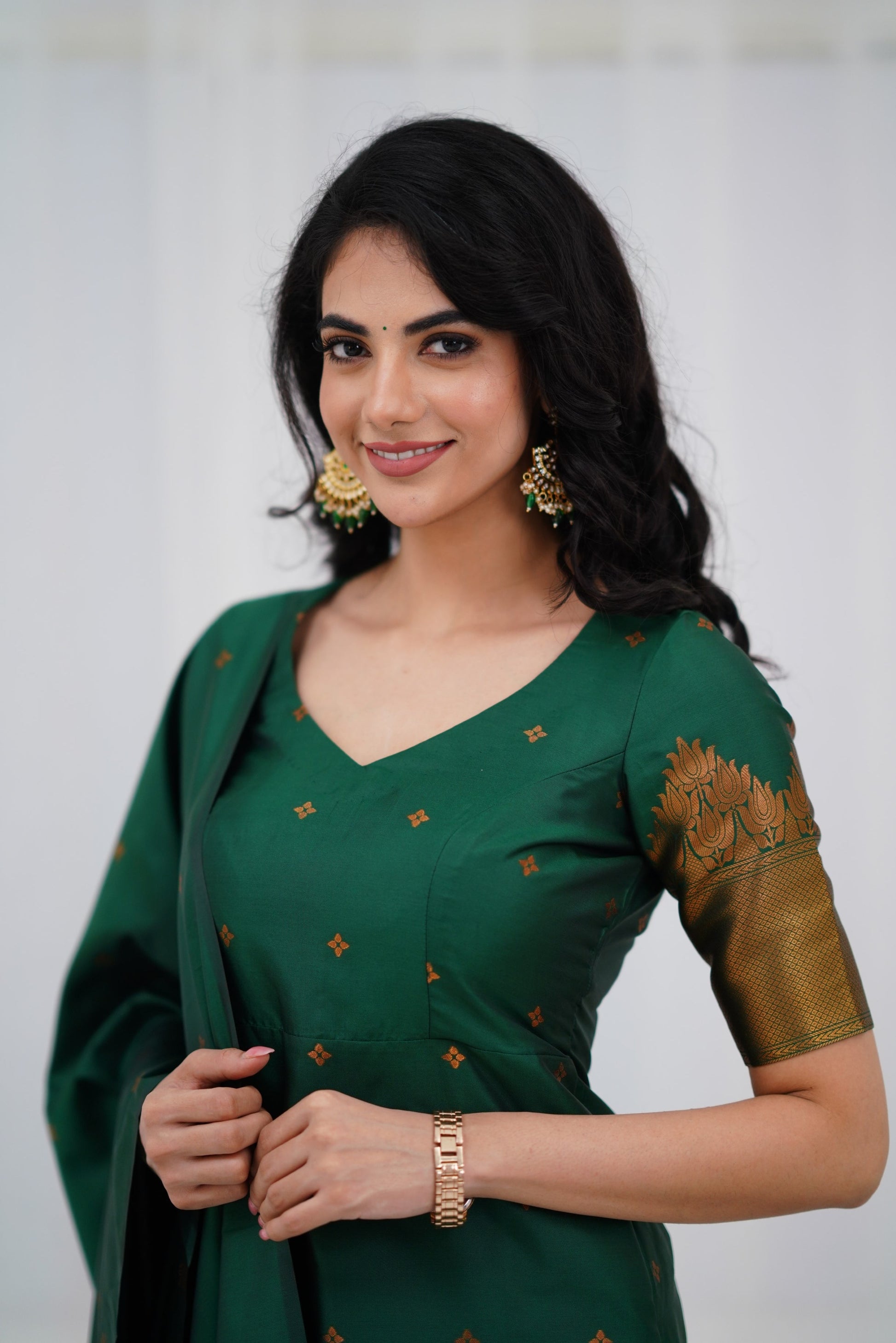 Bottle Green Straight Fit Kurta Pant Set in Blended Silk with Intricate Golden Zari Detailing