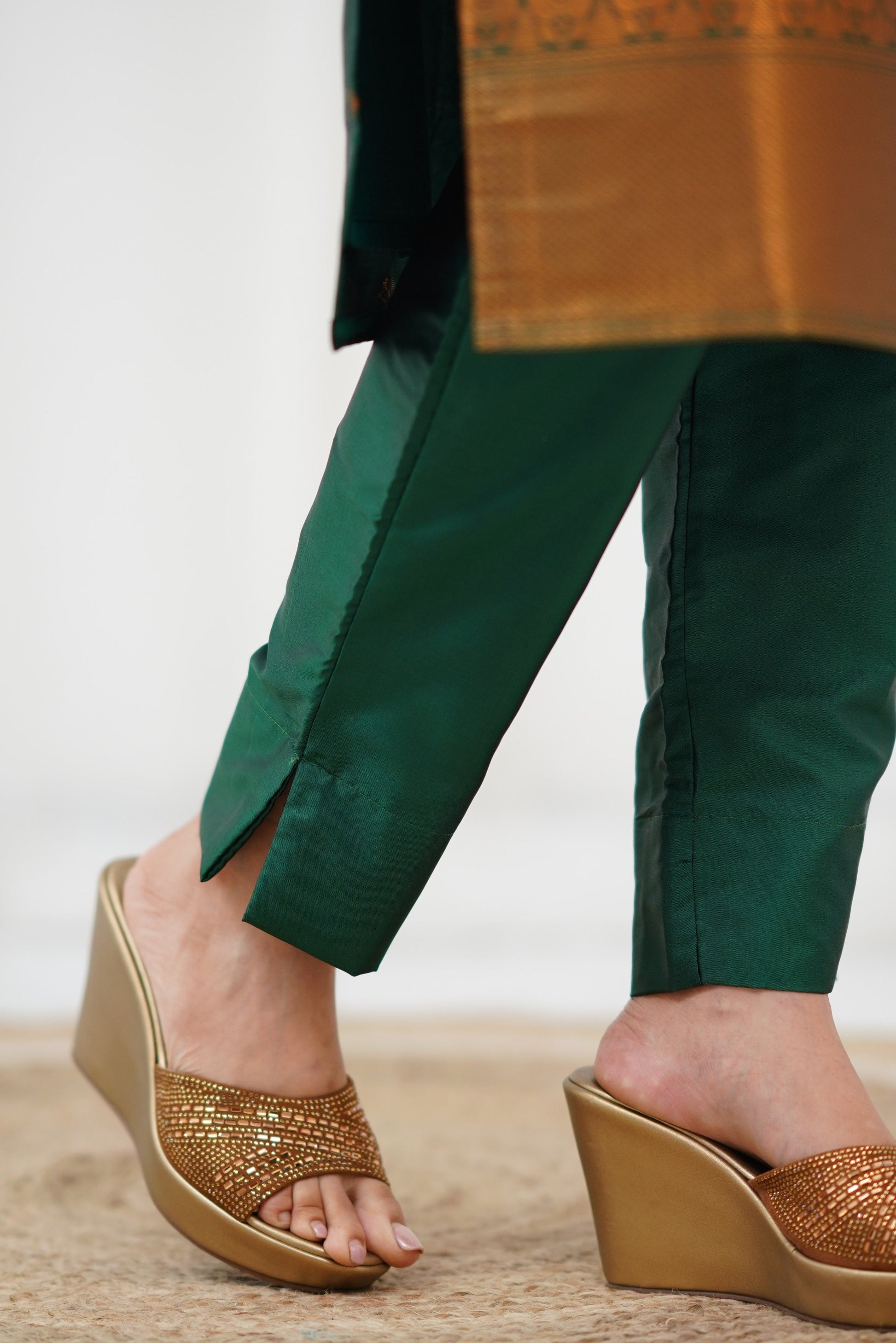 Bottle Green Straight Fit Kurta Pant Set in Blended Silk with Intricate Golden Zari Detailing