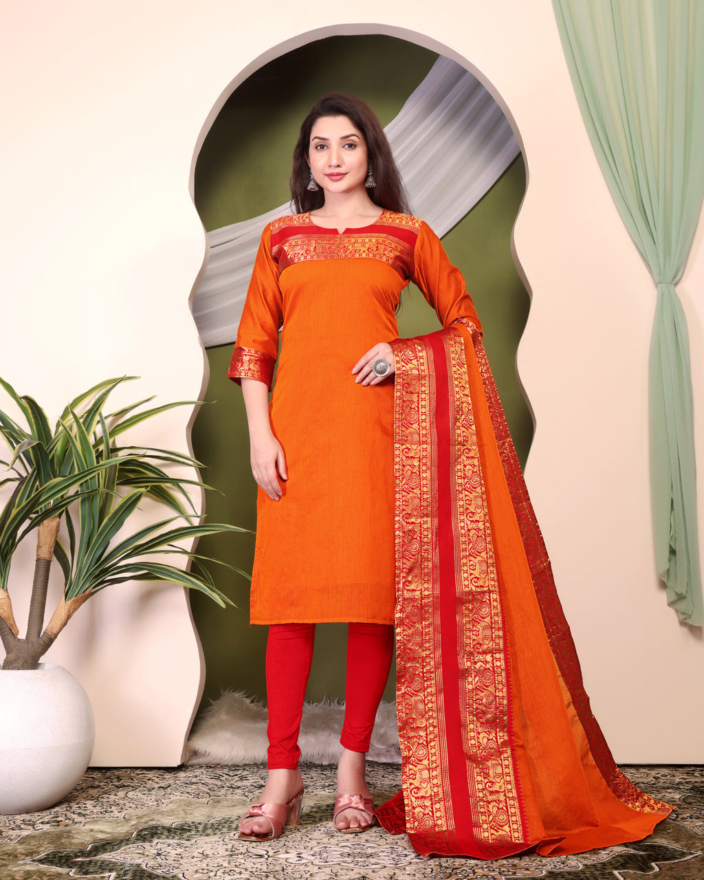 New Designer Silk Cotton Kurti and Dupatta with Intricate Weaving Work