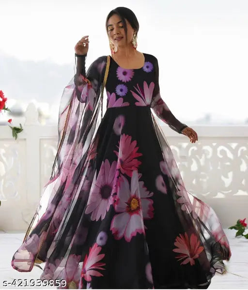 Sparkling Beautiful Multi color Flower Printed Georgette Anarkali Gown Dupatta