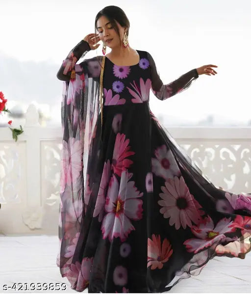 Sparkling Beautiful Multi color Flower Printed Georgette Anarkali Gown Dupatta