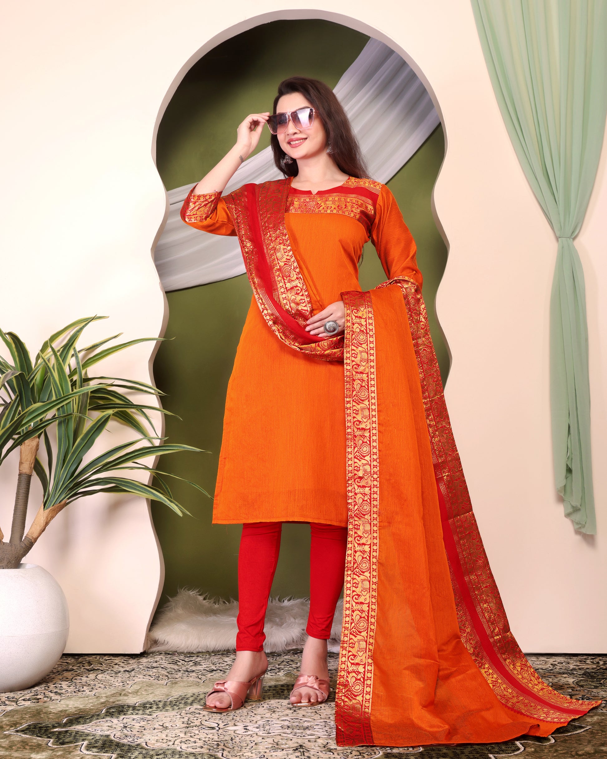 New Designer Silk Cotton Kurti and Dupatta with Intricate Weaving Work
