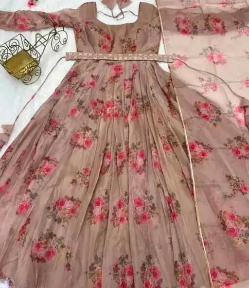Beautiful Looking Creme Flower Printed Georgette Anarkali Gown with Dupatta