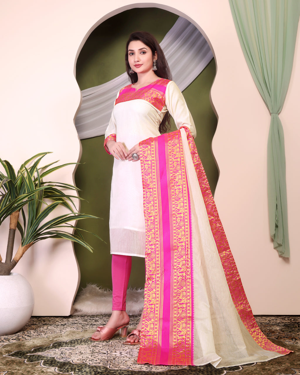 New Designer Silk Cotton Kurti and Dupatta with Intricate Weaving Work