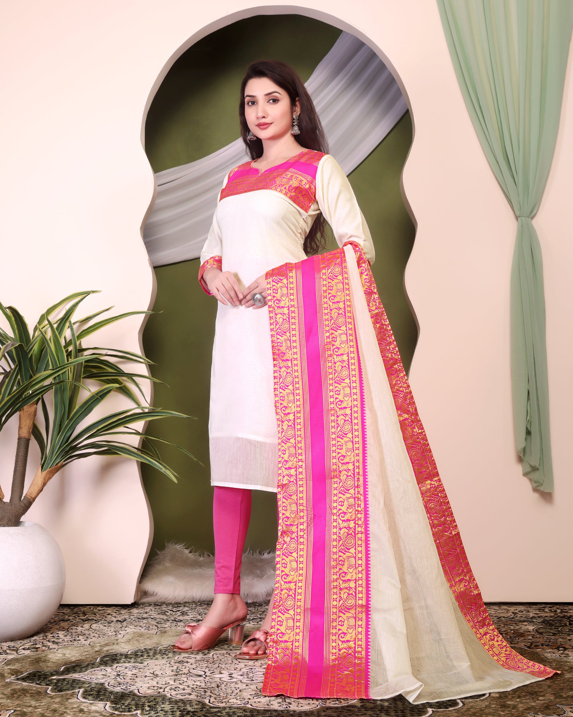 New Designer Silk Cotton Kurti and Dupatta with Intricate Weaving Work
