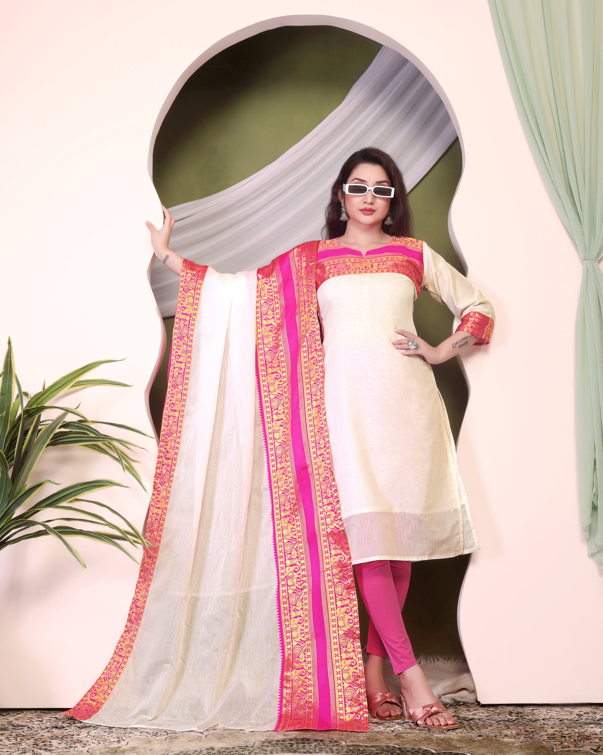 New Designer Silk Cotton Kurti and Dupatta with Intricate Weaving Work