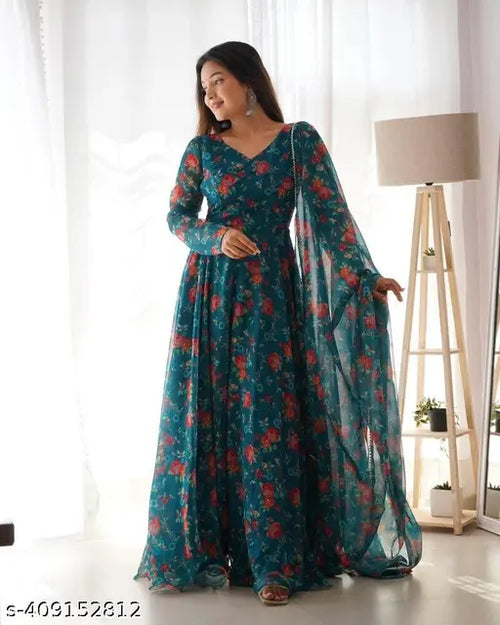 Awesome Looking Flower Printed Beautiful Multicolor Georgette Anarkali Gown Dupatta