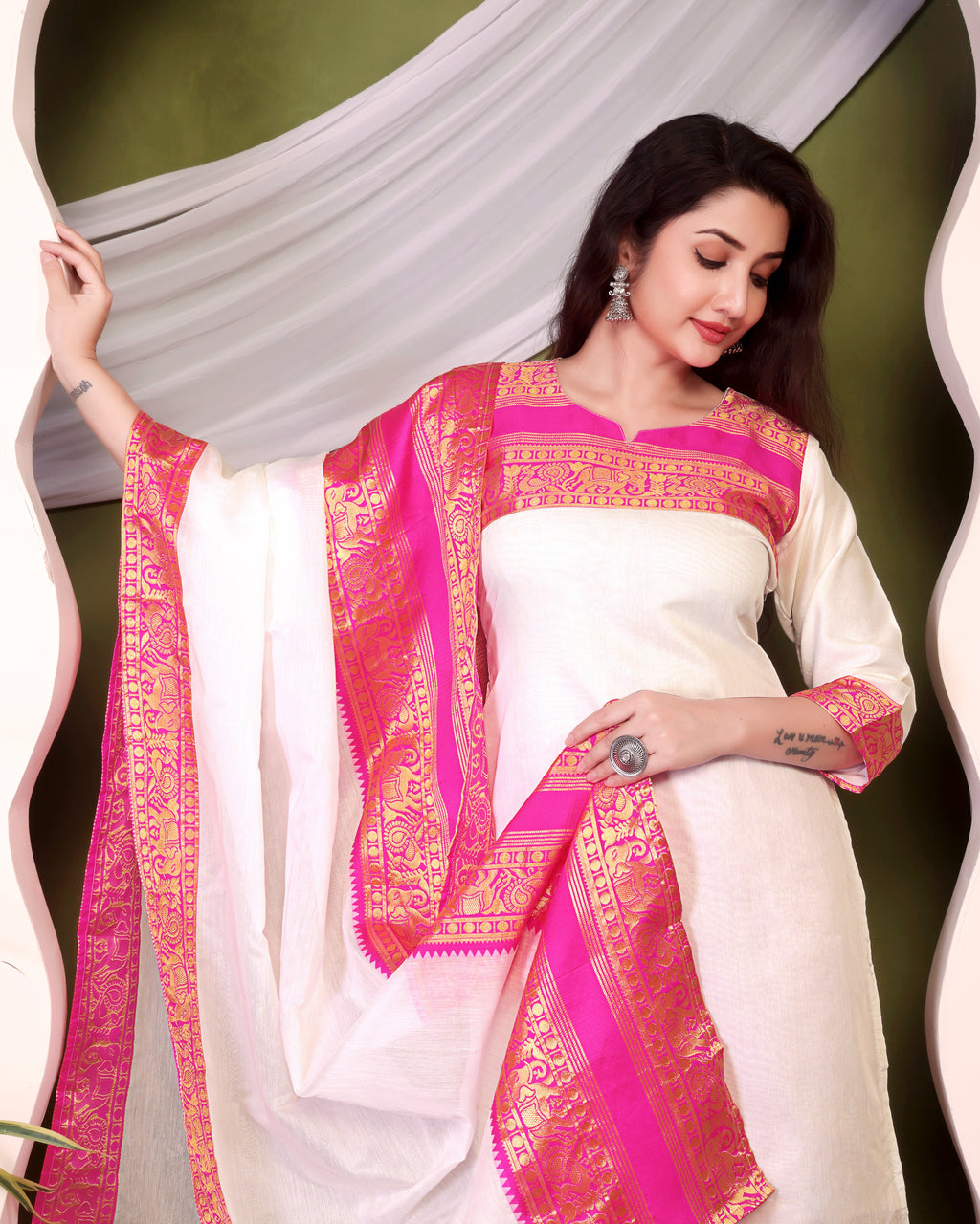 New Designer Silk Cotton Kurti and Dupatta with Intricate Weaving Work