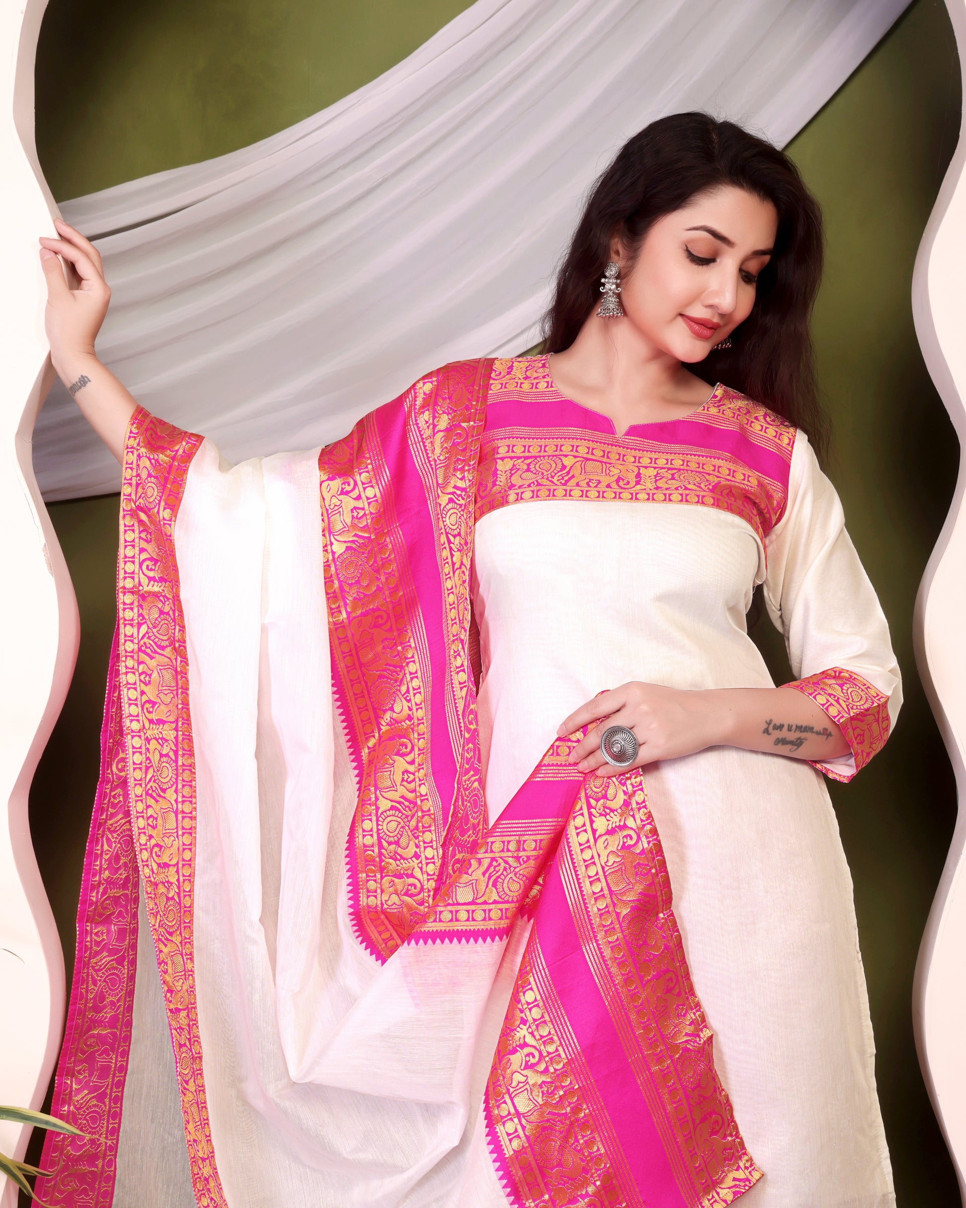 New Designer Silk Cotton Kurti and Dupatta with Intricate Weaving Work