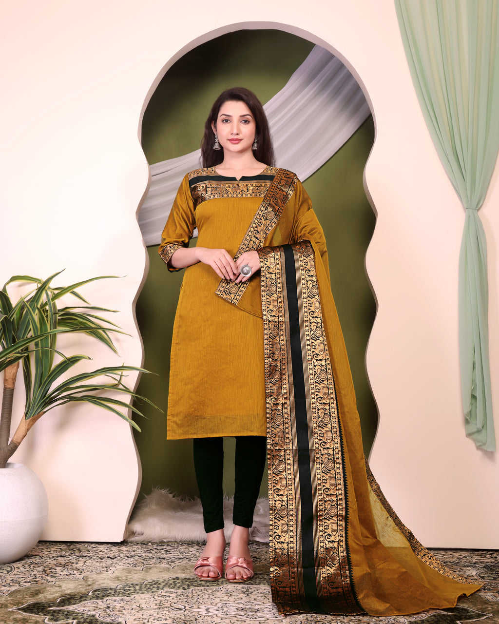 New Designer Silk Cotton Kurti and Dupatta with Intricate Weaving Work