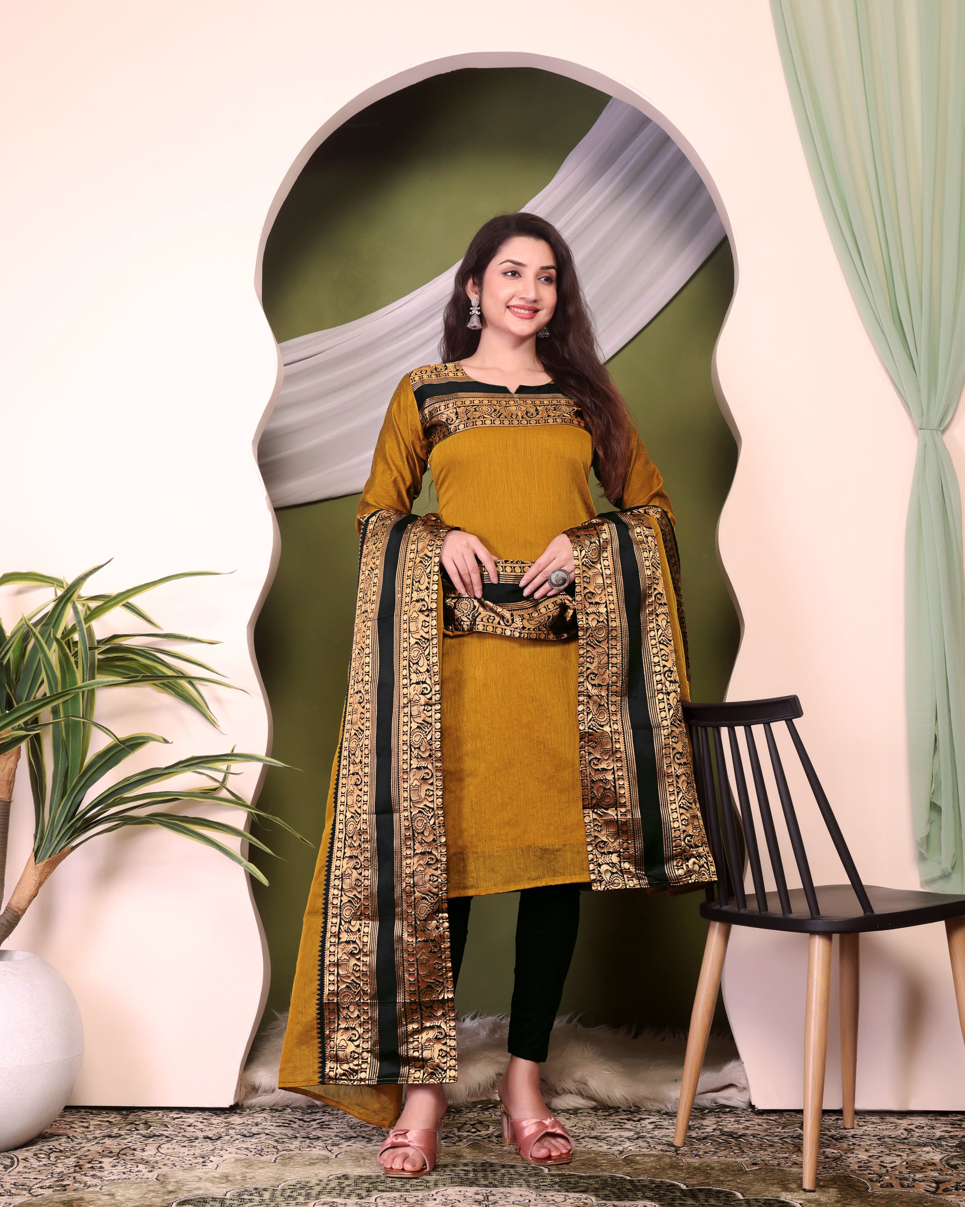 New Designer Silk Cotton Kurti and Dupatta with Intricate Weaving Work