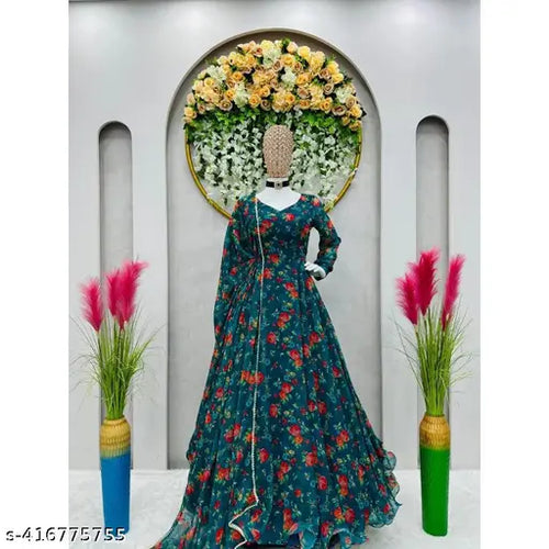 Awesome Looking Flower Printed Beautiful Multicolor Georgette Anarkali Gown Dupatta