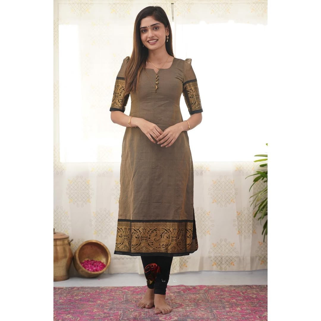 Stylish Grey Cotton Kurti with Black Border – Comfort Meets Class.