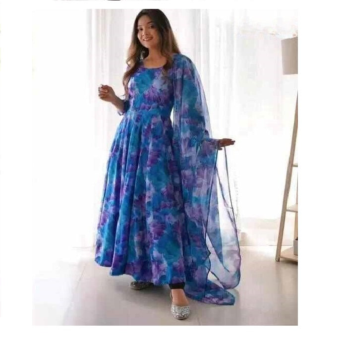 Stylish Fancy Trendy Blue Flower Printed Georgette Anarkali Gown Set With Dupatta