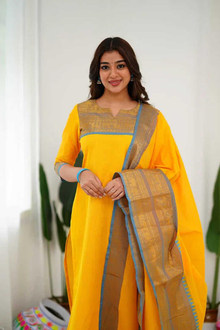 Silk Cotton Kurti and Dupatta with Intricate Weaving Work