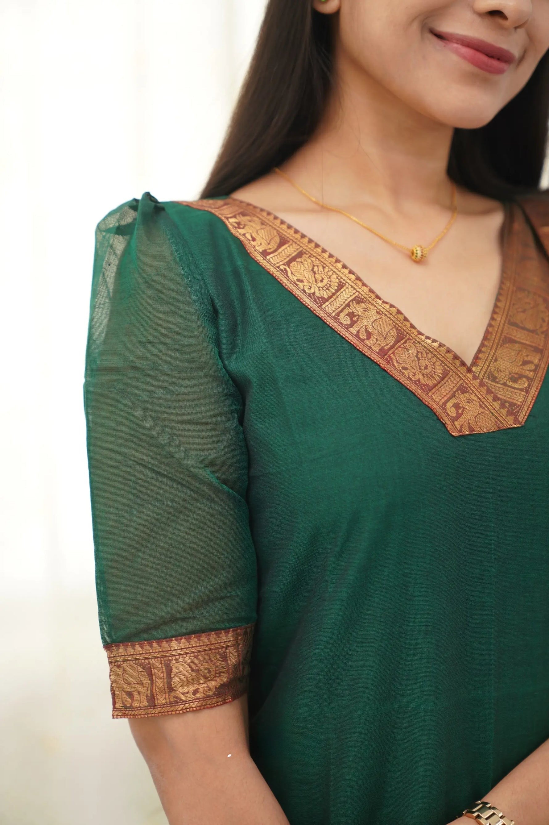 Silk Cotton Kurti and Dupatta Set with Intricate Weaving Work.
