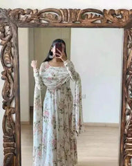 Designer Special White Flower Printed Beautiful Georgette Anarkali Gown Dupatta