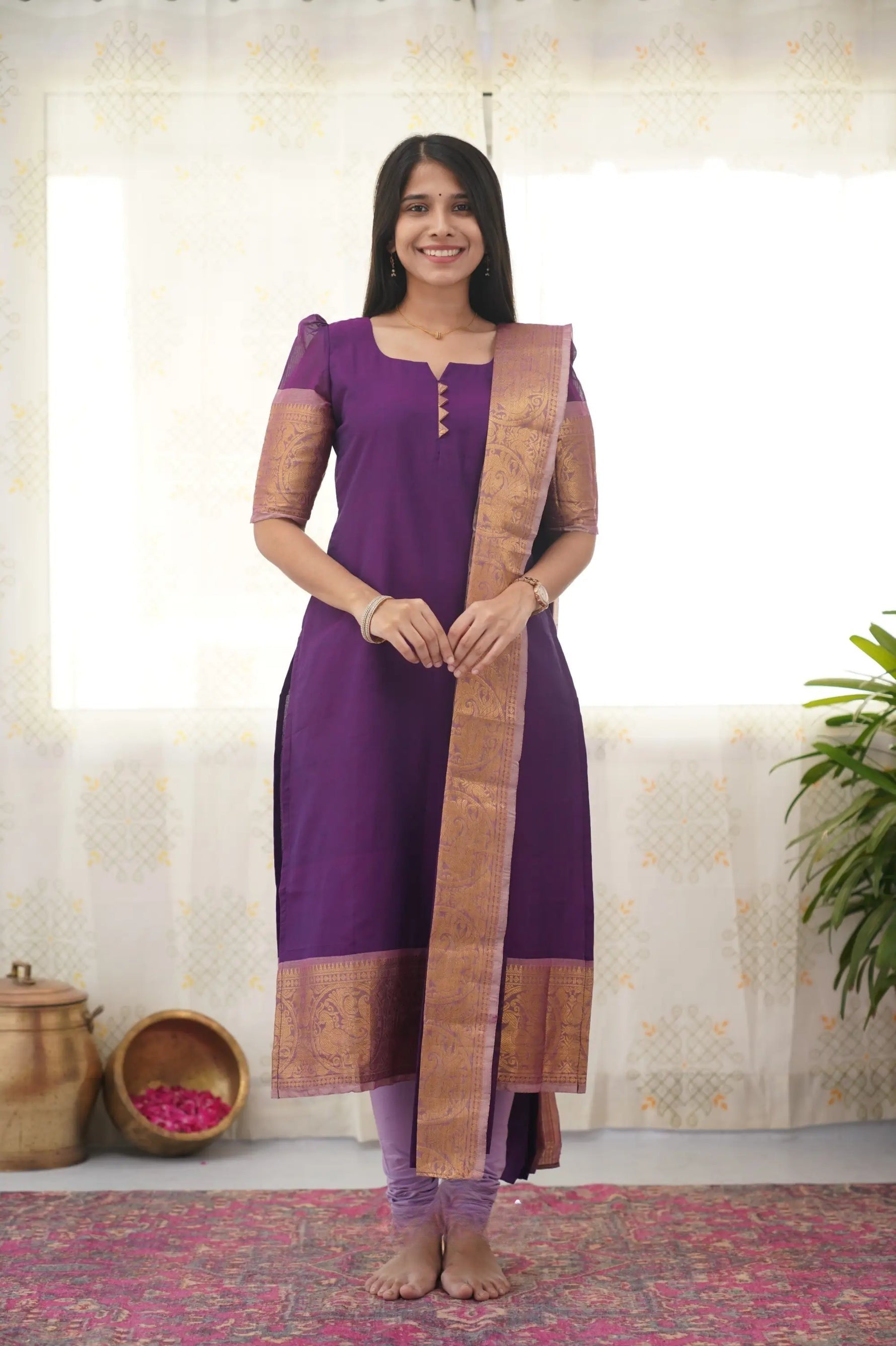 Graceful Violet Cotton Kurti with Golden Border – A Stunning Ethnic Look for Any Event