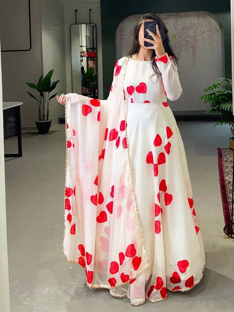 Awesome Fancy Trendy Printed Georgette Anarkali Gown Set With Dupatta