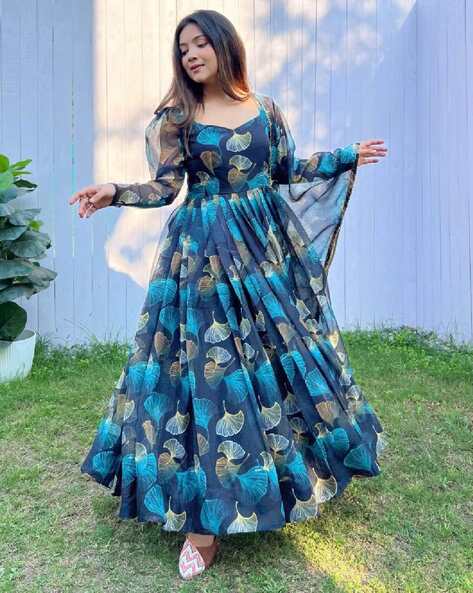 Lovely Fancy Trendy Flower Printed Georgette Anarkali Gown Set With Dupatta