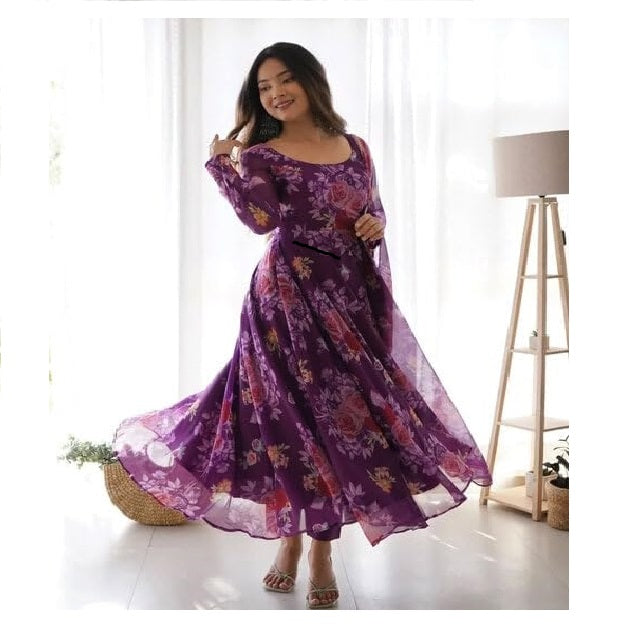 Stylish Fancy Trendy Printed Georgette Anarkali Gown Set With Dupatta