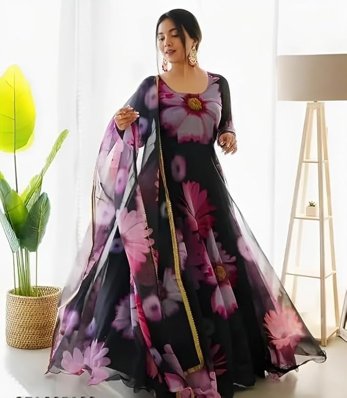 Sparkling Beautiful Multi color Flower Printed Georgette Anarkali Gown Dupatta