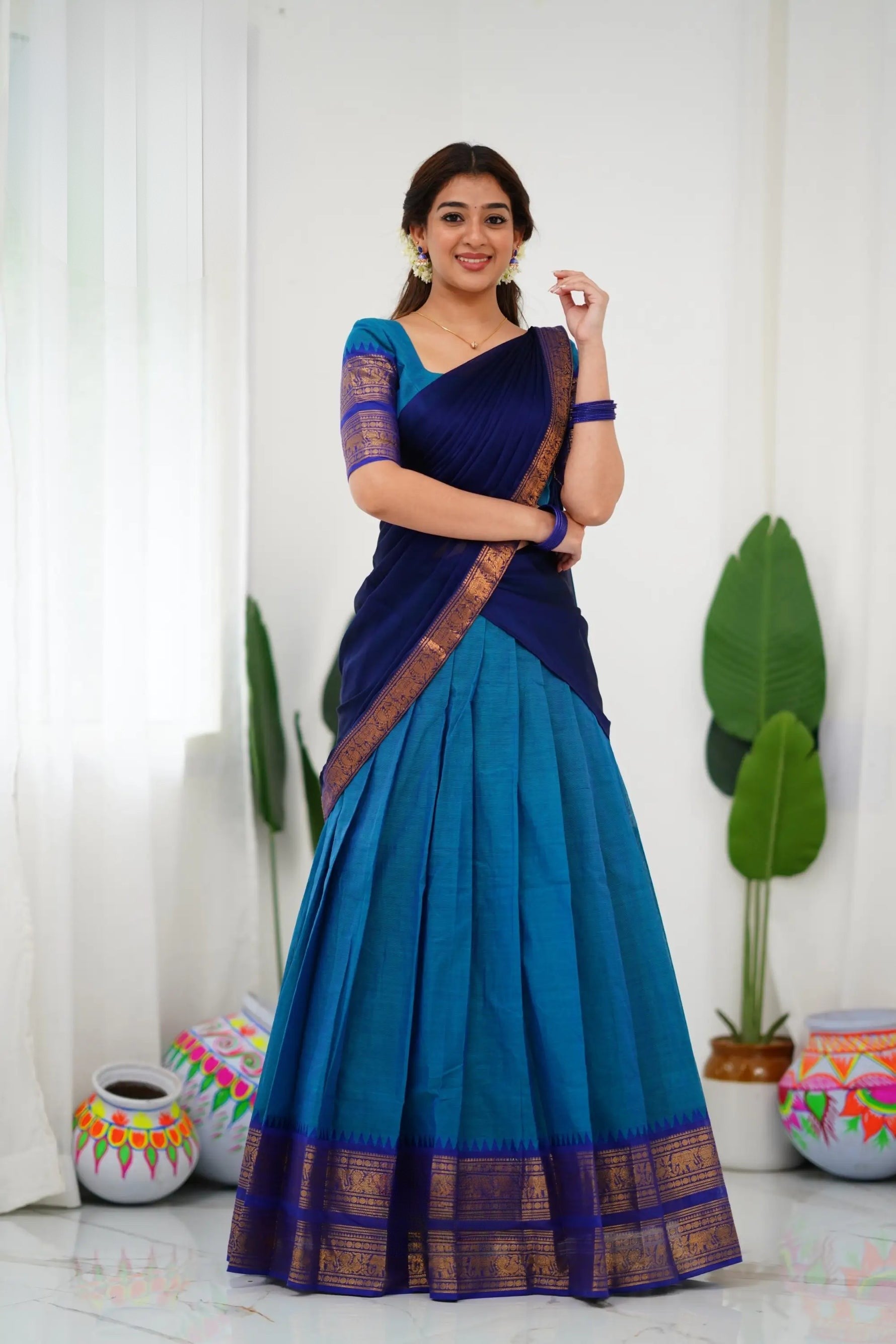 Classic Kanjivaram Silk Half Saree with Banarasi Silk Dupatta and Blouse – Perfect for Weddings and Celebrations
