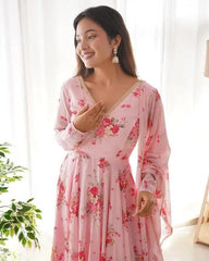 New Flower Printed Beautiful Pink Georgette Anarkali Gown Dupatta