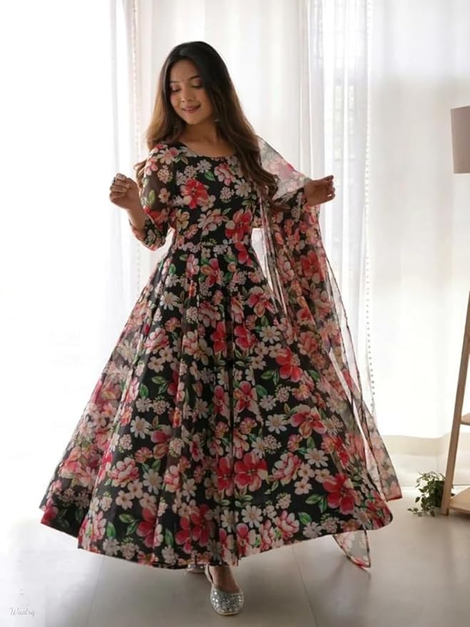 Latest Fancy Trendy Black Flower Printed Georgette Anarkali Gown Set With Dupatta
