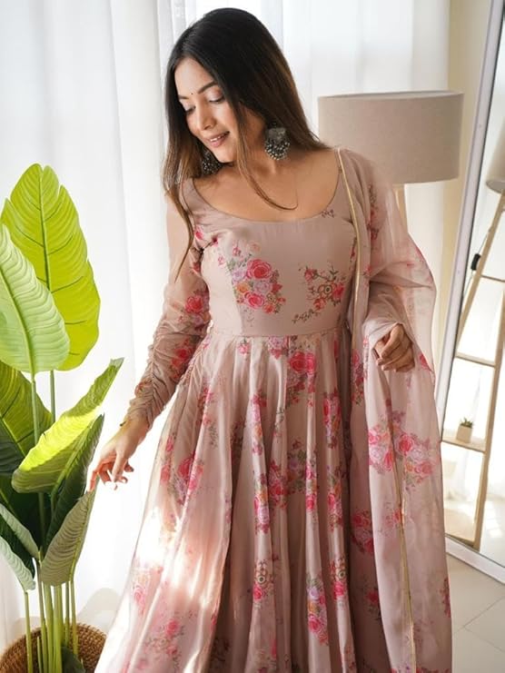 Beautiful Looking Creme Flower Printed Georgette Anarkali Gown with Dupatta
