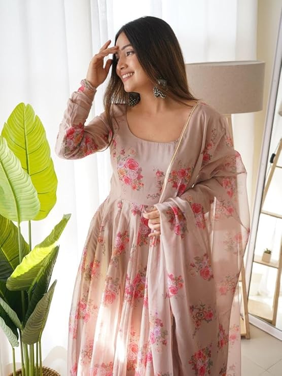 Beautiful Looking Creme Flower Printed Georgette Anarkali Gown with Dupatta