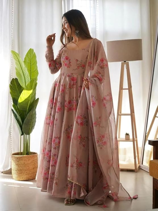 Beautiful Looking Creme Flower Printed Georgette Anarkali Gown with Dupatta