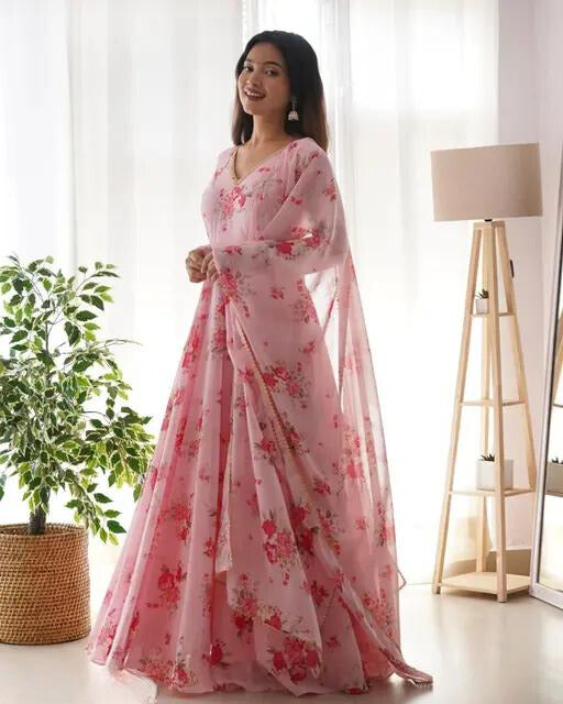New Flower Printed Beautiful Pink Georgette Anarkali Gown Dupatta