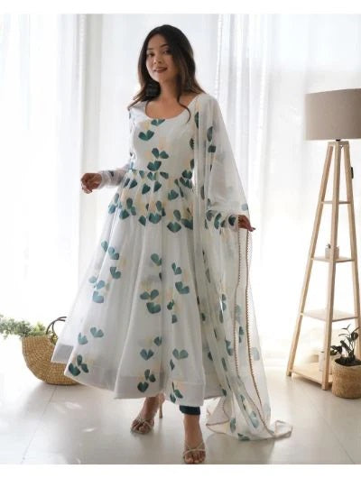 Sparkling Fancy Trendy Printed White Georgette Anarkali Gown Set With Dupatta