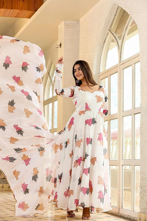 Awesome Fancy Trendy Flower Printed Georgette Anarkali Gown Set With Dupatta