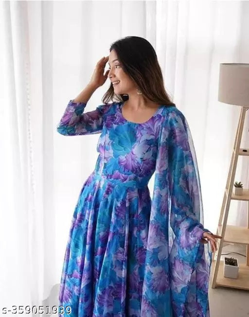 Stylish Fancy Trendy Blue Flower Printed Georgette Anarkali Gown Set With Dupatta