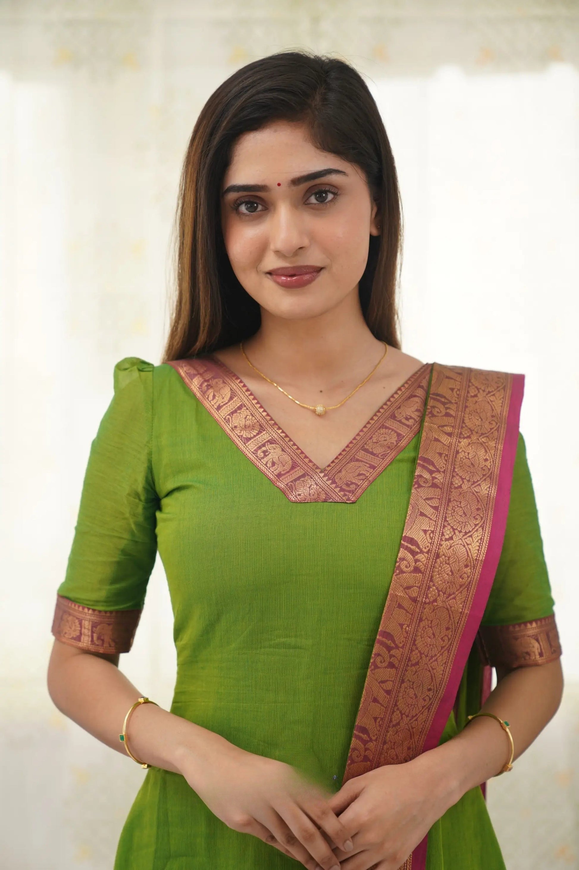 Silk Cotton Kurti and Dupatta Set with Intricate Weaving Work.